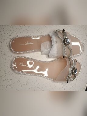 (New)Lauren Lorraine Clear Jelly Bow Sandals with Rhinestones - Nude